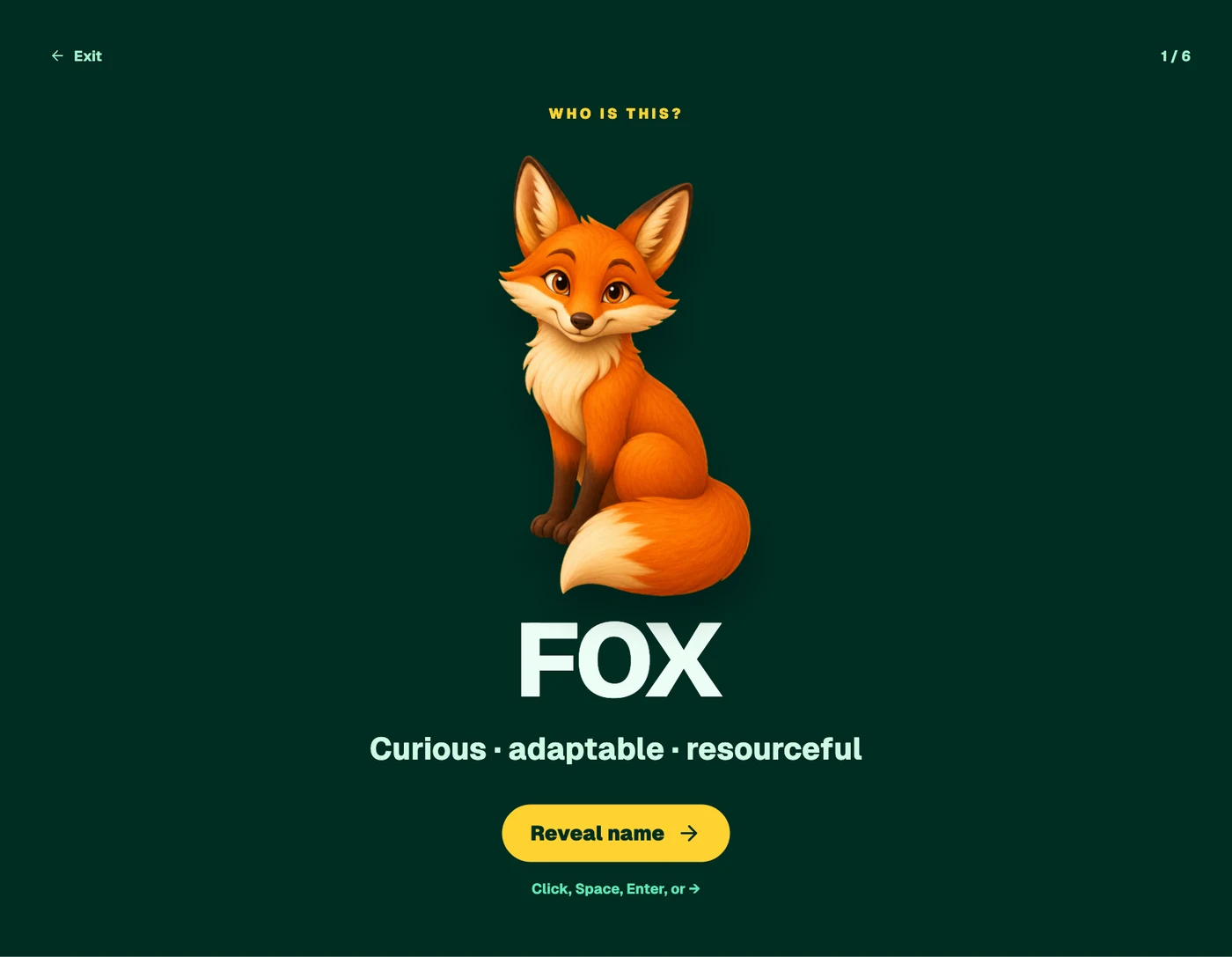 Screenshot of the Guess Who shared-screen game, asking teammates to guess an animal profile before revealing the name