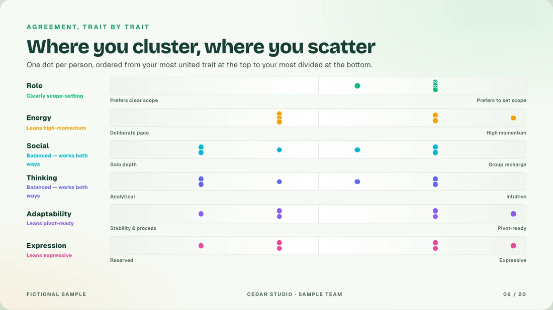 Sample report page showing where the six teammates agree and where their preferences differ